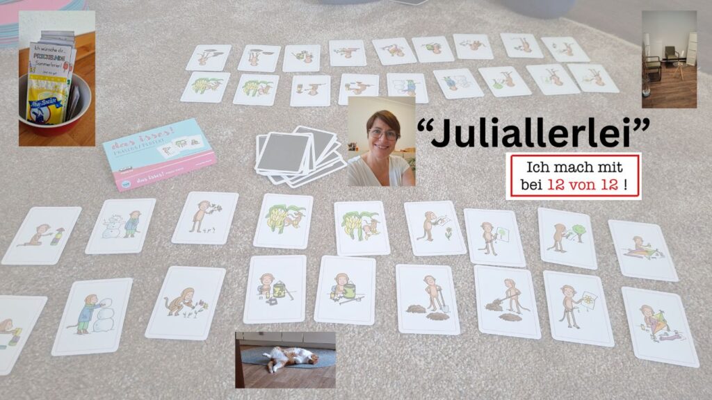 Ausgelegte Buchstabenkarten mit Schriftzug Juliallerlei