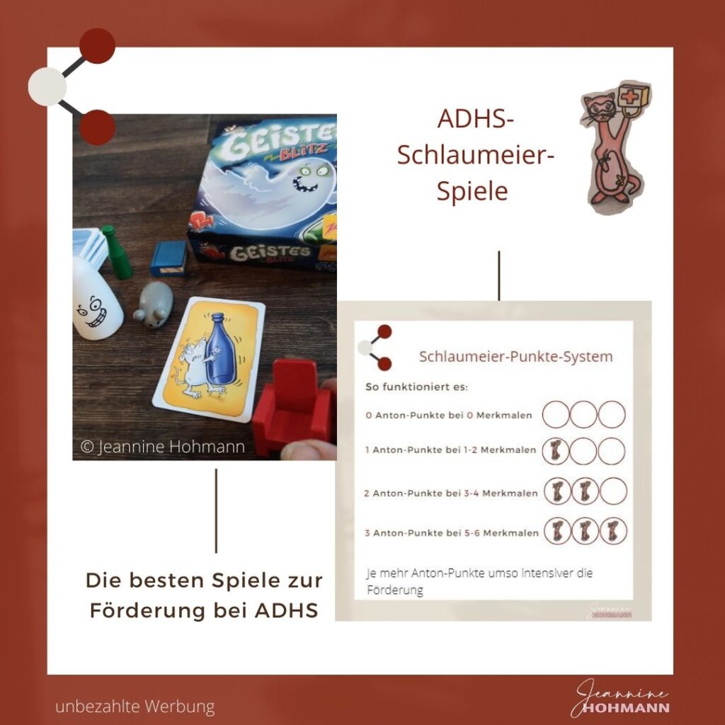 Karte ADHS-Schlaumeier-Spiel mit Foto des Spielmaterials