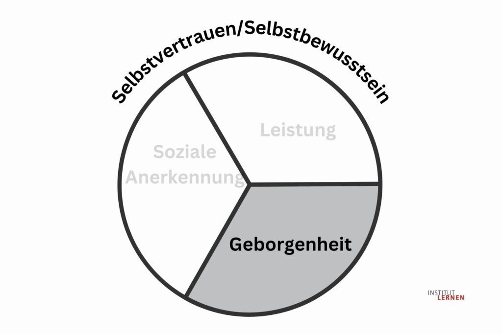 Kreisdiagramm Selbstvertrauen und Selbstbewusstsein mit den Bereichen Leistung, Soziale Anerkennung und Geborgenheit