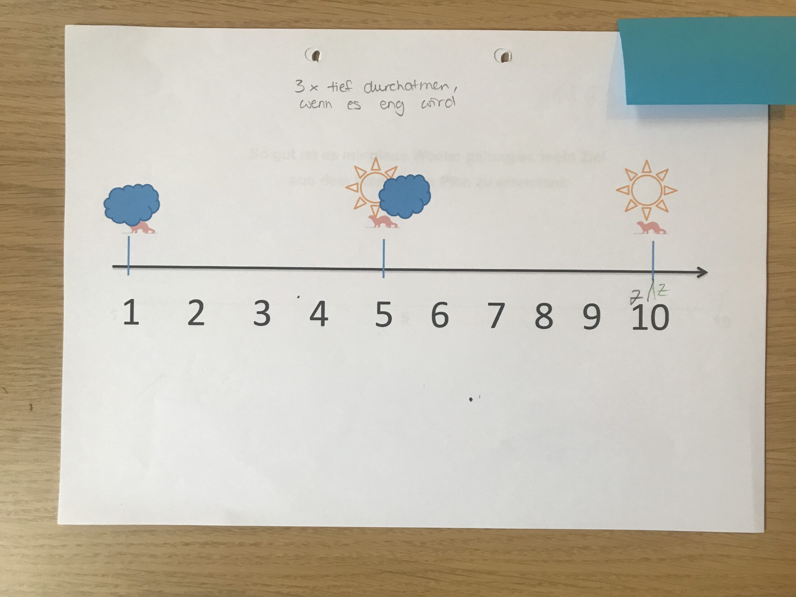 Handgezeichnete Skala von 1 bis 10 auf Papier mit Klebemarkierungen