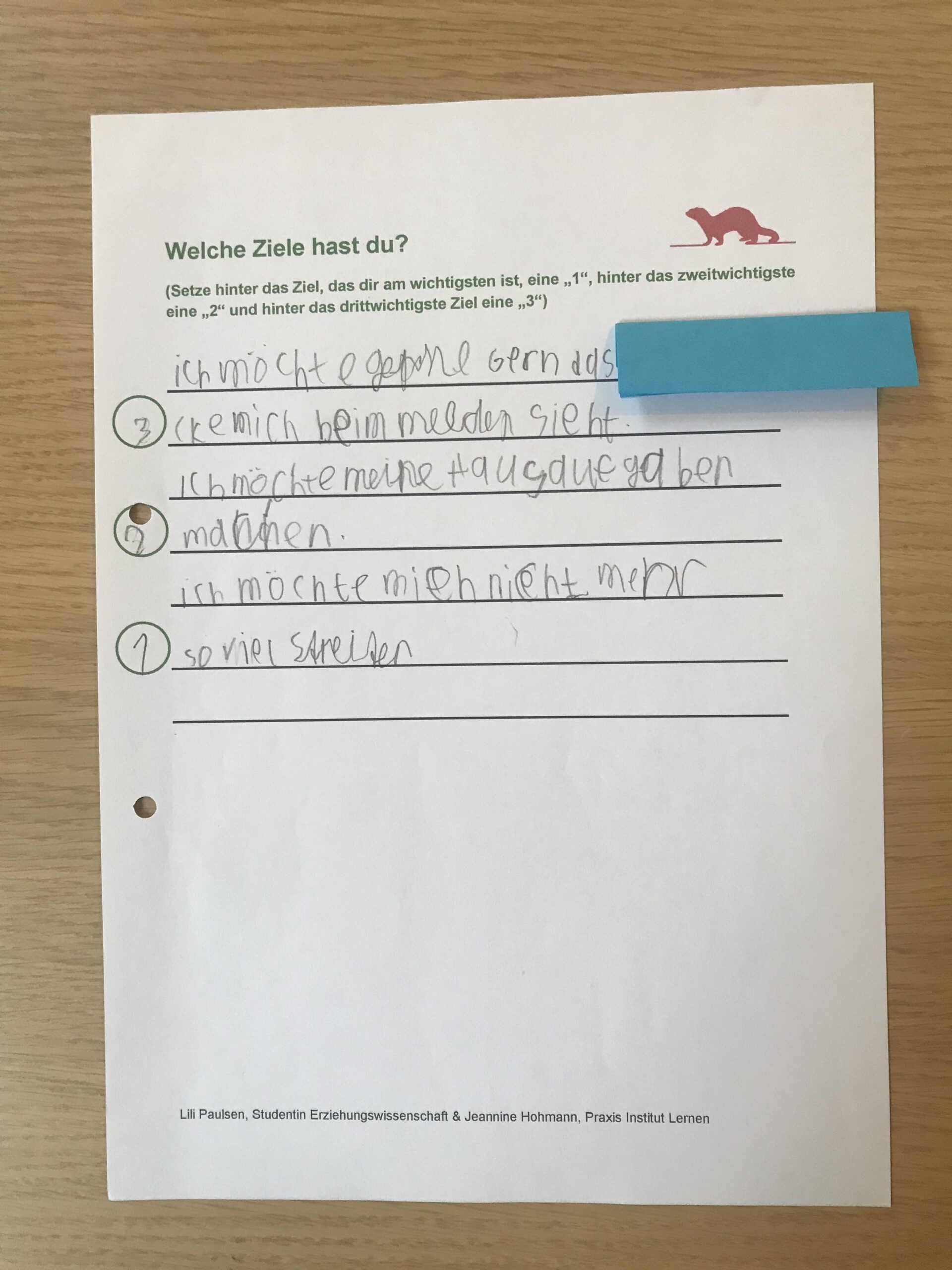 Handschriftlich ausgefülltes Wenn-Dann-Arbeitsblatt mit Klebemarkierung
