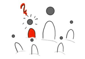 Illustration von Figuren mit Fragezeichen und Gedankenpunkten zum Thema Leistung