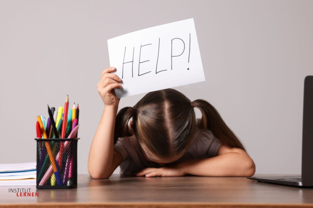 Erschöpfte Frau am Schreibtisch hält ein Schild mit der Aufschrift Help